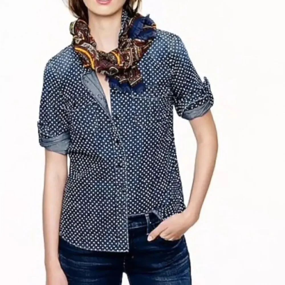J. Crew Shirt Womens Sz 0 Dark Wash Star Denim Button Down Ombre Jean Pockets